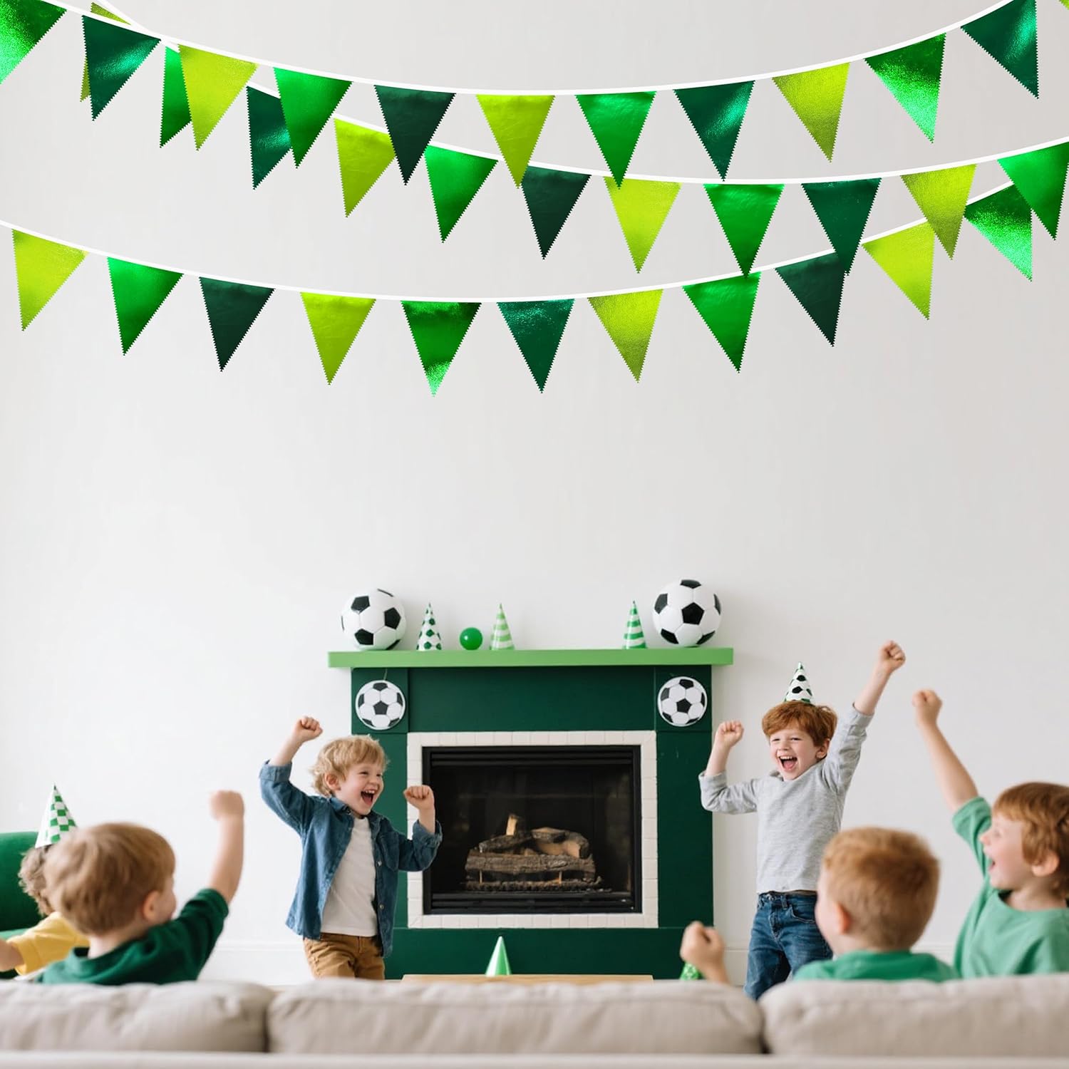 Gradient Green Party Decorations Metallic Fabric Ombre Green Triangle Pennant Banner Flag Bunting for Graduation Birthday Retirement Wedding Bachelorette Spring Summer St Patrick's Day Party Supplies