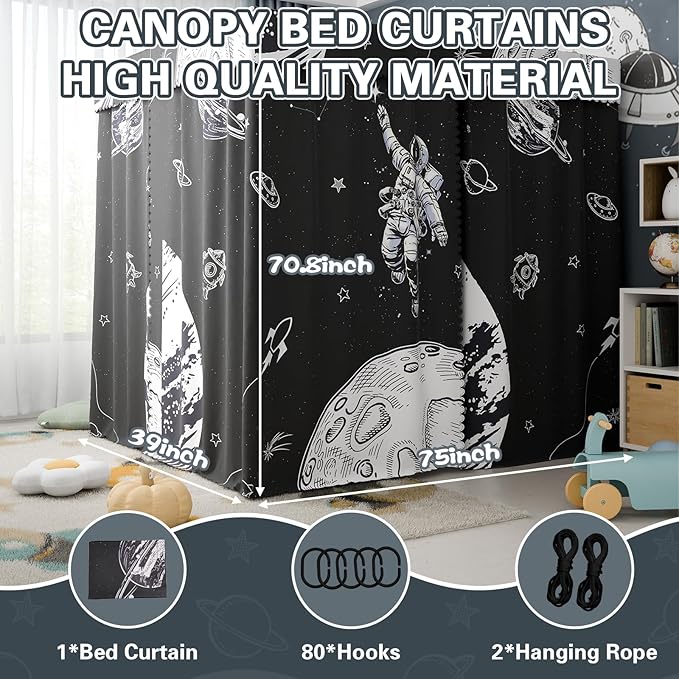 Astronaut Canopy Bed Curtains - 4 Corner Post Bed Curtains Canopy Twin Bed Canopy Curtains for Children Girls Bedroom Decoration(Astronaut, Twin)