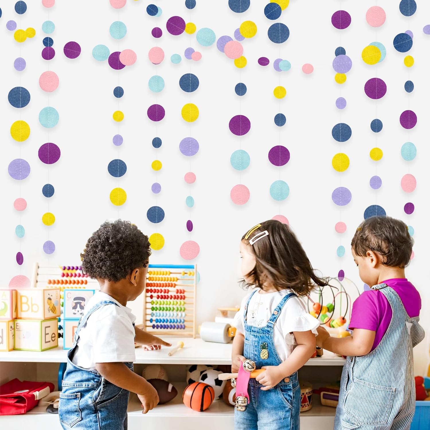 Oh Happy Day Decorations Navy Blue Yellow Purple Pink Boho Felt Circle Dot Garland Hanging Polka Dot Streamer for Classrooms Preschool Everyone is Welcome Homeschool Nursery Birthday Baby Shower Decor