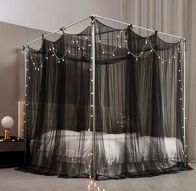Mengersi Canopy Bed Curtains Bed Canopy with Lights for Girls, Bed Netting Unique Style 4 Door Mosquito Net for Adults Women Bedroom Decor (Black+Lights, Full/Queen)