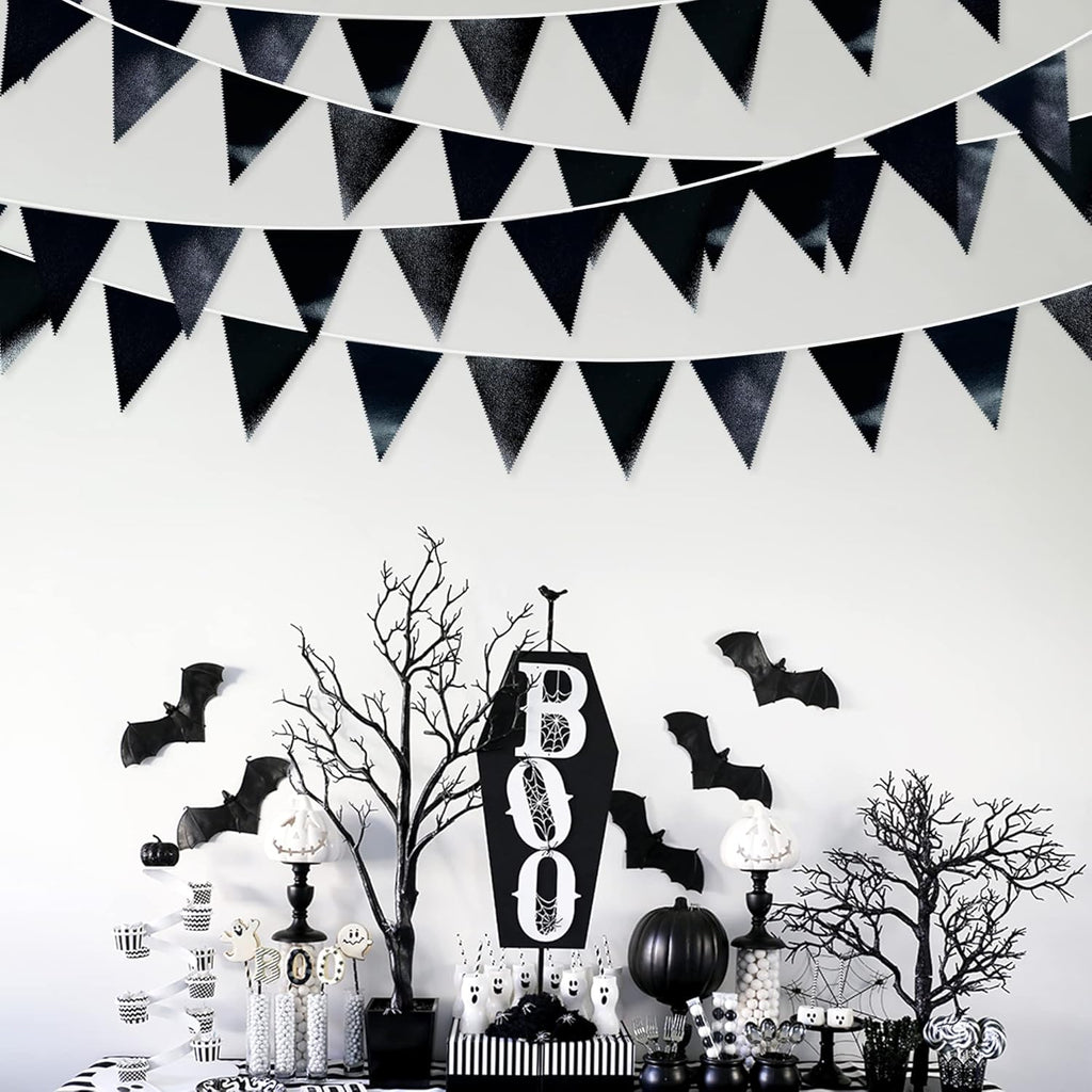 Black Party Decorations Triangle Pennant Banner Flag Black Metallic Fabric Bunting Garland for Graduation Birthday Wedding Engagement Bachelorette Holiday Halloween Celebration Hen Party Supplies