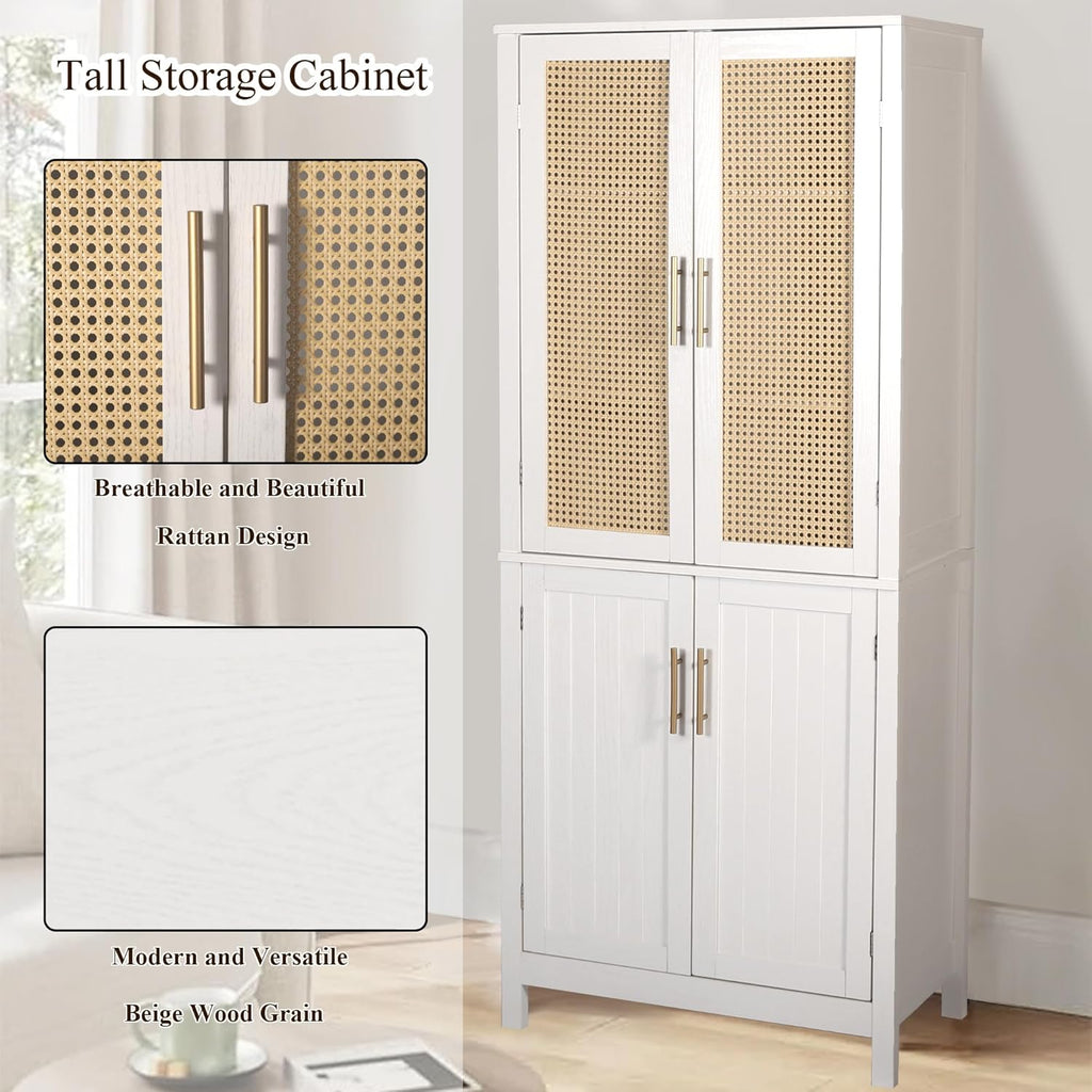 MISHAO 71" Kitchen Pantry Storage Cabinet, Tall Storage Cabinet with Rattan Doors & Adjustable Shelves, Freestanding Cupboard Wood Pantry for Kitchen, Living Room, Dining Room Hallway, White