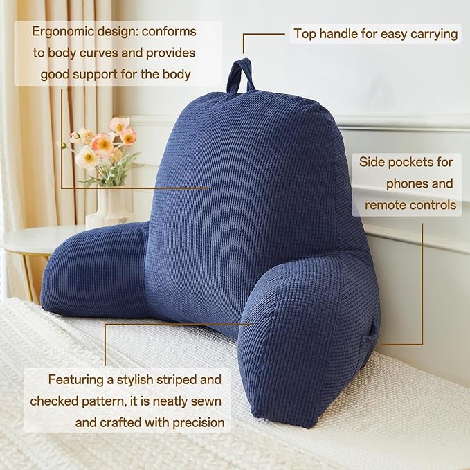 Back Pillow for Bed Sitting Up,Reading Pillow for Sitting in Bed Adult with Arm Pillow,Back Rest Pillow for Sitting in Bed with Pockets,While Gaming,Working,Watching,Large-Navy