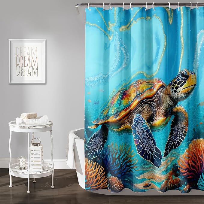 AILONEN Kawaii Sea Turtle Shower Curtain,3D Ocean Animal Themed Bath Curtain Cloth Fabric Bathroom 60" W*72" H Inch,12 Pack Hooks for Kids Child,Colorful Marble Style Bathroom Curtain