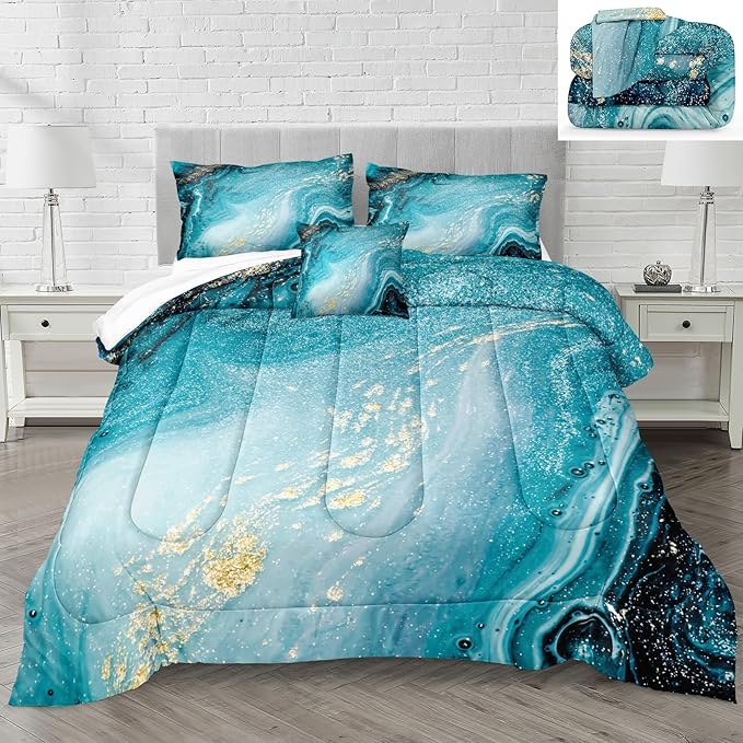 Bedbay Blue and Gold Comforter Duvet Set California King Comforter Teal Marble Bedding Comforter Set Western Bedding Watercolor Marble Abstract Art Quilt Set Bedroom Decor for Men Women(104" Wx96 L)