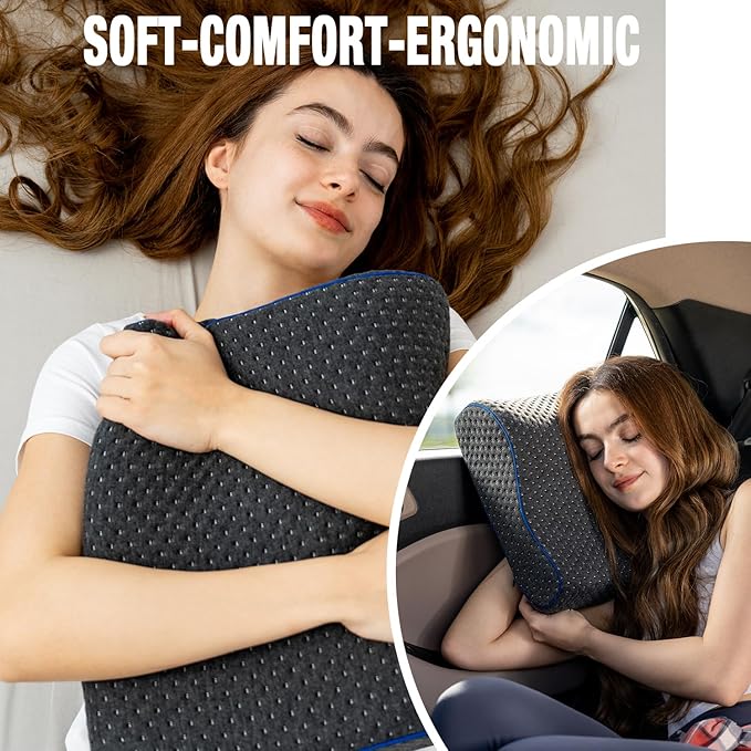 Travel & Camping Comfortable Memory Foam Pillow – Easy to Carry Portable Bag – Temperature Regulating Pillow Case - Perfect for Travelling, Grey Contour