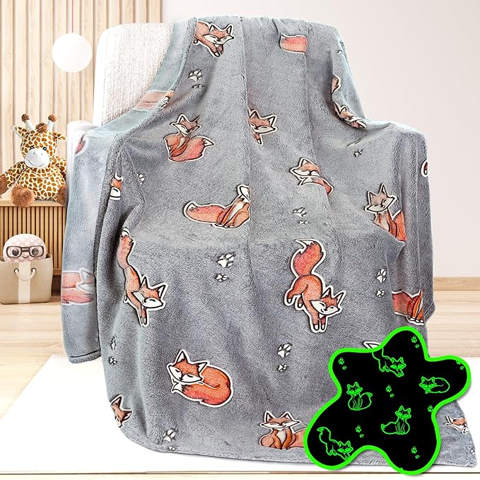 Fox Gifts Toys for Kids Boys Baby- Glow in The Dark Blanket Fox Presents for Birthday Fox Decor Age 12 3 4 5 6 7 8 9 10 Years Old Toddler