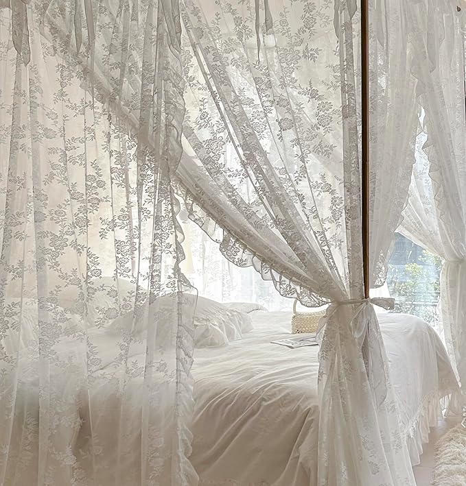 Mengersi Canopy Bed Curtains with Tie Backs,Bed Canopy Curtains Bed Drapes Sheer Curtains for Bedroom Decor（King,White