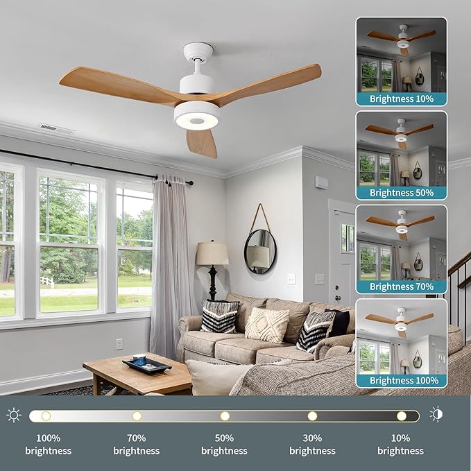 52 Inch Wood Ceiling Fan with RGB Dimming LED Light,with Music Bluetooth Speaker,Remote Control,3-Speed Regulation, Reversible Motor,Timing,for Living Room,Bedroom,Restaurant,Outdoor