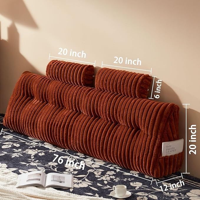 Faux Fur Headboard Pillow with 2 Pack Neck Roll Pillow Large Headboard Pillow Soft and Supportive with Removable Cover (Brown, King)