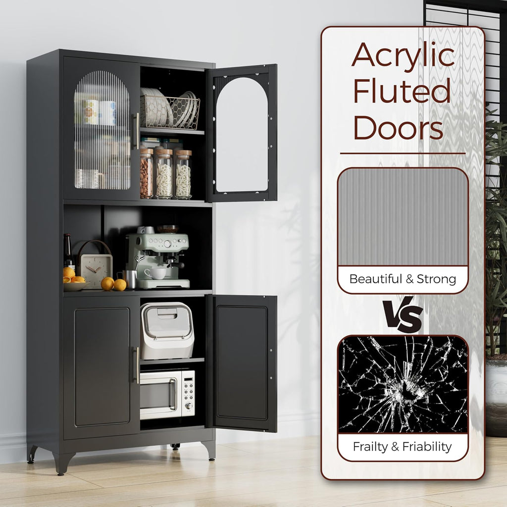 75" Tall Kitchen Pantry Cabinet, Metal Storage Cabinets with Acrylic Doors and Adjustable Shelves, Hutch Cabinet with Storage, Black Microwave Stand Cabinets for Dining Living Room