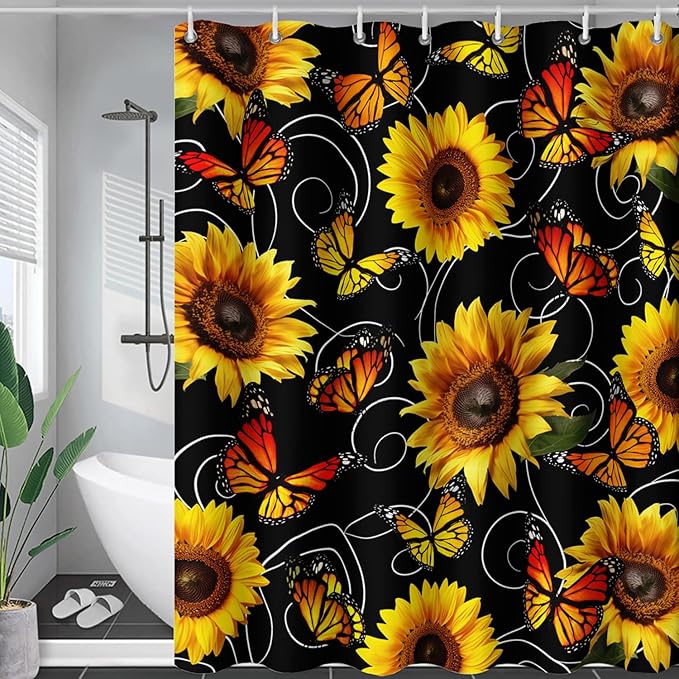 AILONEN Yellow Sunflower and Butterfly Shower Curtain,Garden Flower Black Bath Curtain,Modern Botanical Floral Waterproof Shower Curtain, 60" W x 72" H