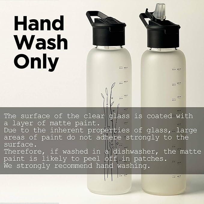 32 oz Motivational Glass Water Bottle with Straw Lid and Neoprene Sleeve | Sport Water Bottle with Measurements (Black)