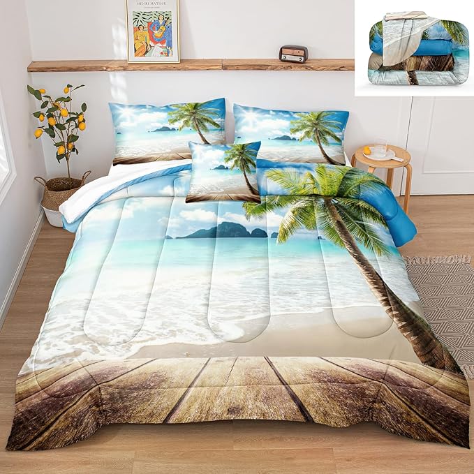 Bedbay Coastal Beach Comforter Set King Beach Themed Comforter Bedding Set Tropical Palm Tree Quilt Set 4 Pcs Beach Room Decor Sunny Beach Coastal Bedding Set King Duvet Set (Beach,King)