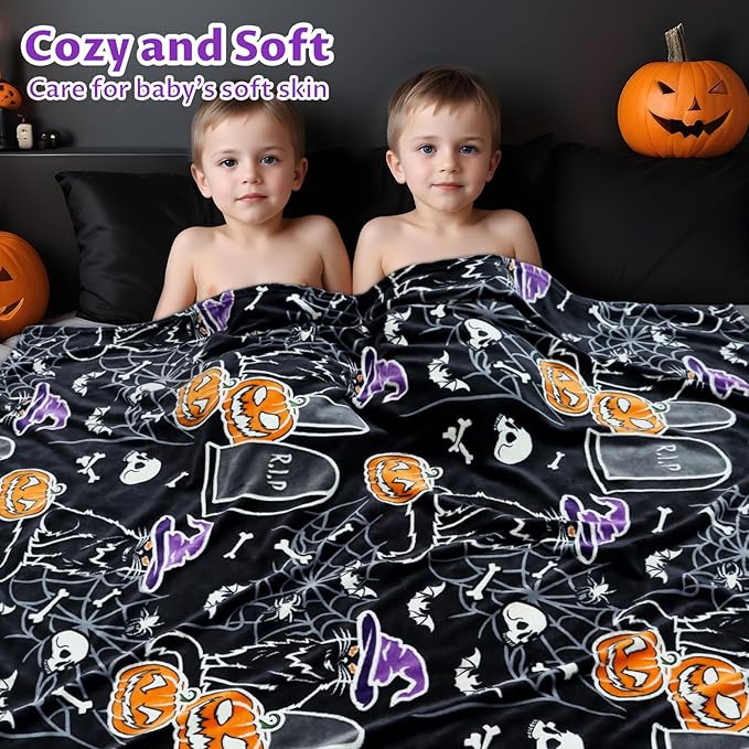 Halloween Throw Blankets Glow in The Dark Blanket Black Cat and Pumpkin Blanket Halloween Decorations Gifts for Women 60"x80"