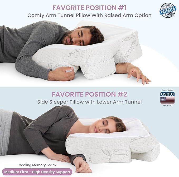 Medium Firm High Density Support. Orthopedic Arm Hole Slots for Relief of Shoulder & Neck Pain. Adjustable for Side, Back, Stomach Sleeper. Rayon Shell/Cooling Shredded Memory Foam