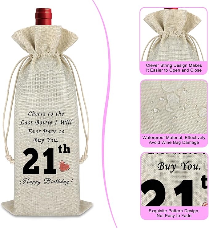 21th Birthday Gift Happy 21st Birthday Gift Wine Gift Bag Birthday Gift for Boys Girls Funny Wine Bag Gift for Friends Sister Daughter Birthday Party Decors Drawstring Wine Wrap Bag Turning 21 Gift
