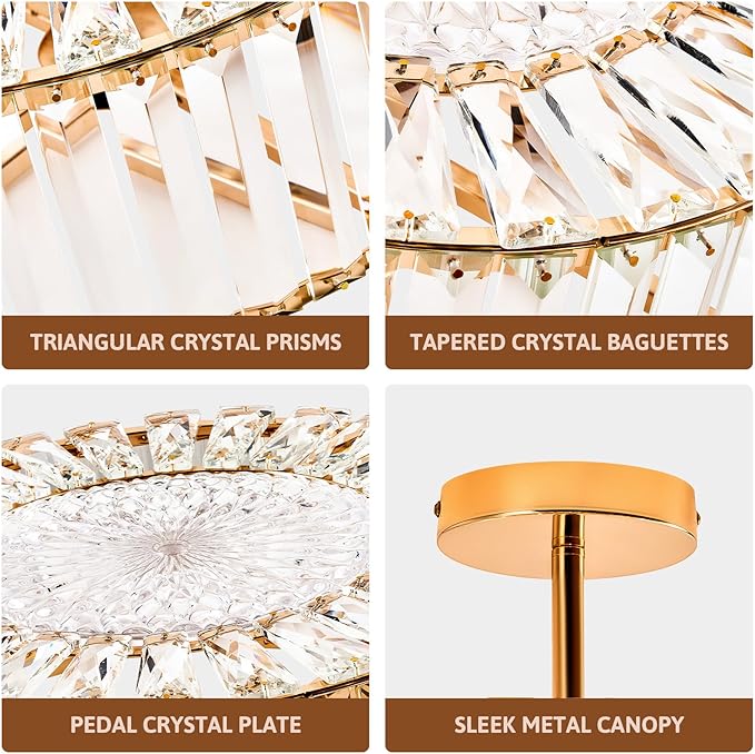 VONLUCE Crystal Light Fixture, Modern Semi Flush Mount Ceiling Light, 15" Round 4-Light Crystal Chandelier Hallway Lighting for Kitchen Bedroom Living Room Dining Room Entryway Closet, Gold