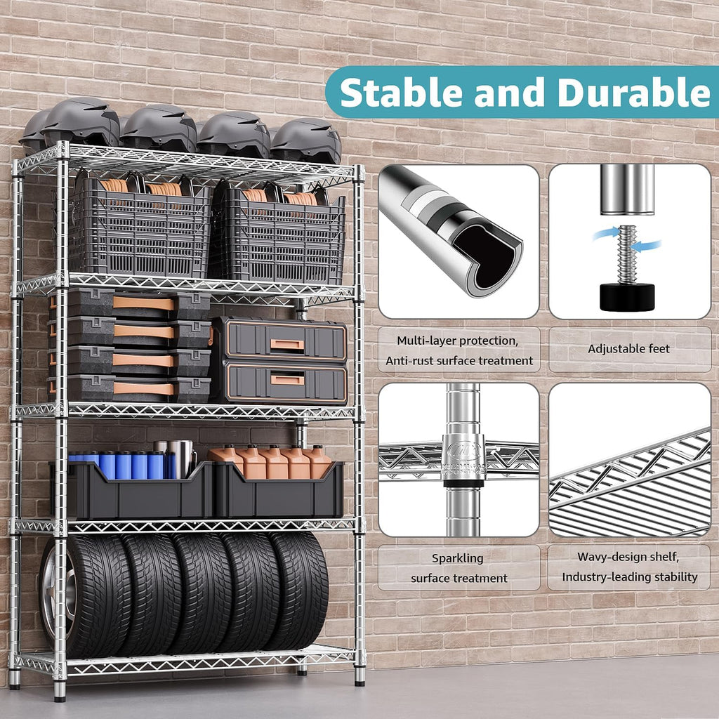 1750 LBS Storage Shelves 5-Tier Utility Shelving Unit Steel Organizer Wire Rack for Home,Kitchen,Office,Garage, Capacity 17.7" D x 47.2" W x 72.3" H