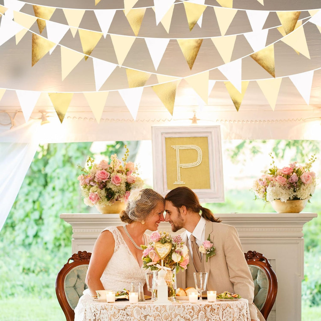 White and Gold Party Decorations Gold Beige White Fabric Triangle Pennant Banner Flag Bunting Garland for Graduation Wedding Birthday Bridal Shower Anniversary Engagement Baptism Party Supplies