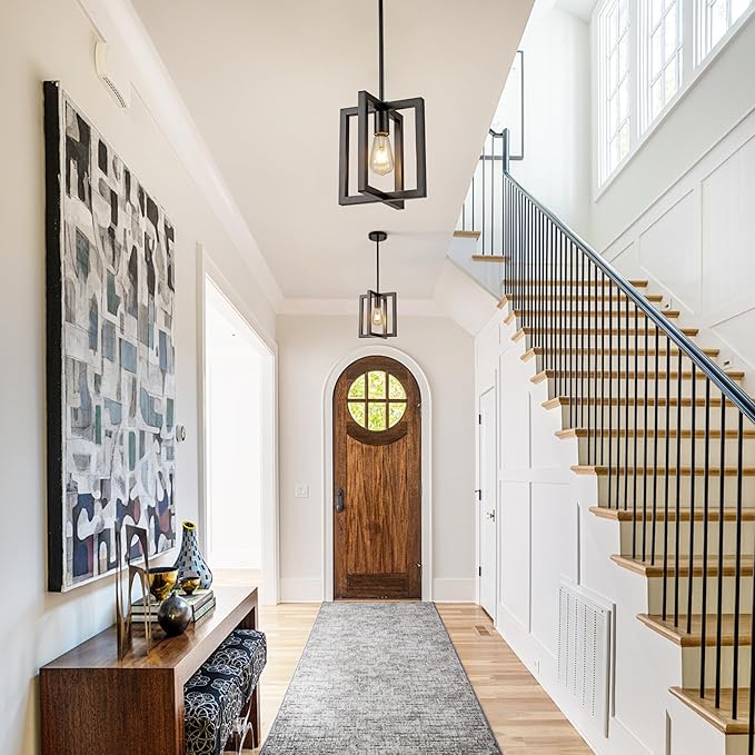 Small Modern Farmhouse Black Pendant Lights Kitchen Island, Adjustable Hanging Metal Industrial Chandelier Ceiling Light Fixture for Hallway Entryway Bedroom Dining Room