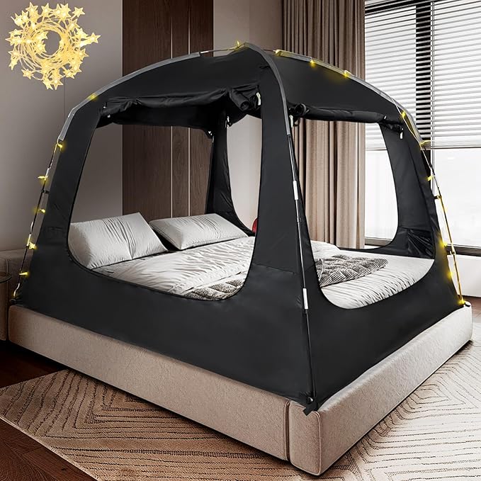 Bed Tent Bed Canopy Portable Full Size Dream Tents 4 Doors 4 Mesh 80% Blackout - Indoor Breathable Sleeping Tents Privacy Space Tents for Adult with String Light