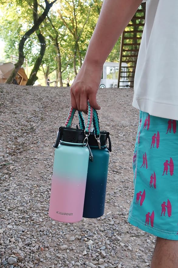 32 oz Insulated Water Bottle with Paracord Handles & Strap, 2 Lids(Straw Lid&Spout Lid), Stainless Steel Reusable Wide Mouth Metal Water Bottle With Straw, Double Walled, Thermo Mug(Rubber Pink)