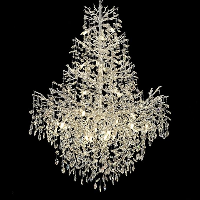 H65'' Silver Crystal High Ceilings Chandelier Staircase Chandeliers Modern Crystal Tree Branch Chandelier, D48'' Foyer Chandelier for High Ceiling Luxury Large Living Room Chandelier, 27-Lights
