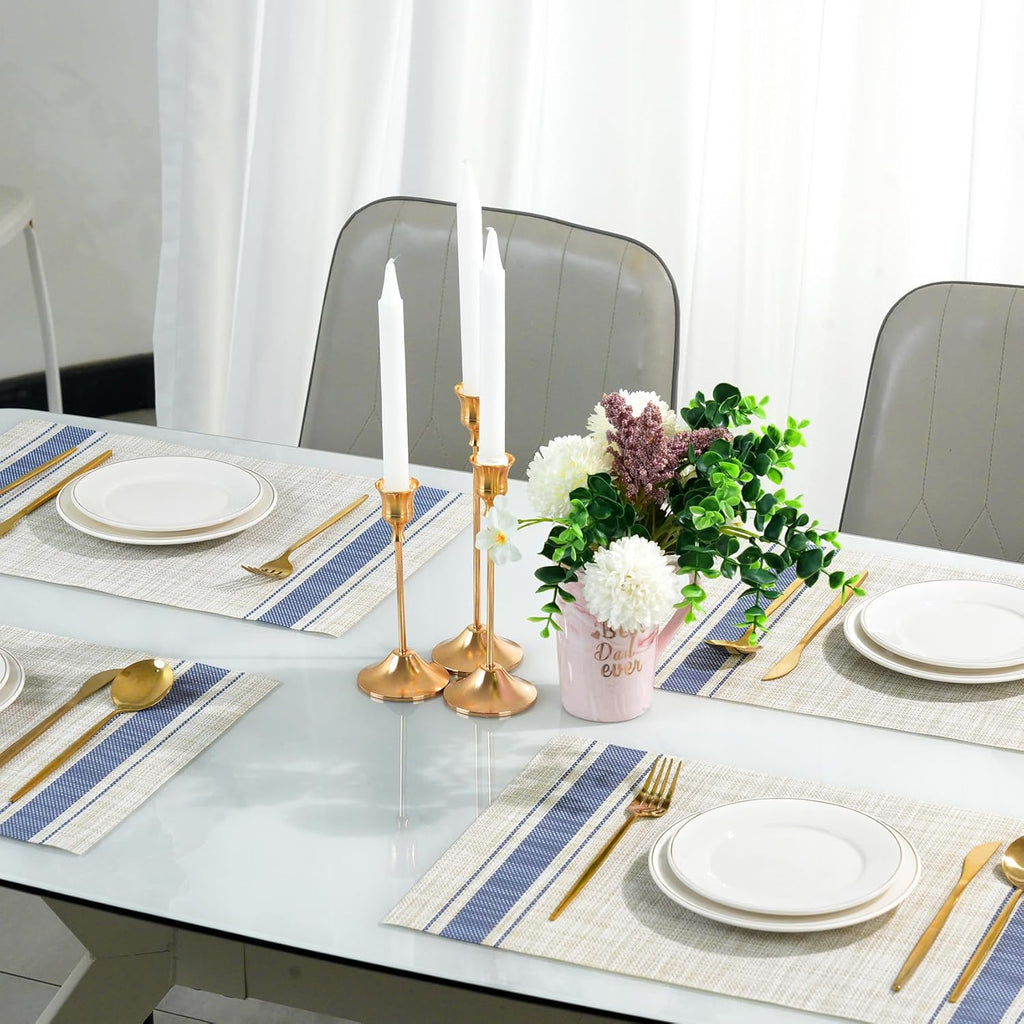 Placemats Set of 6，Non-Slip PVC Weave Table Mats Easy to Clean，Heat Resistant Place Mats for Kitchen Dining Table Decoration Indoor Outdoor，Khaki Blue