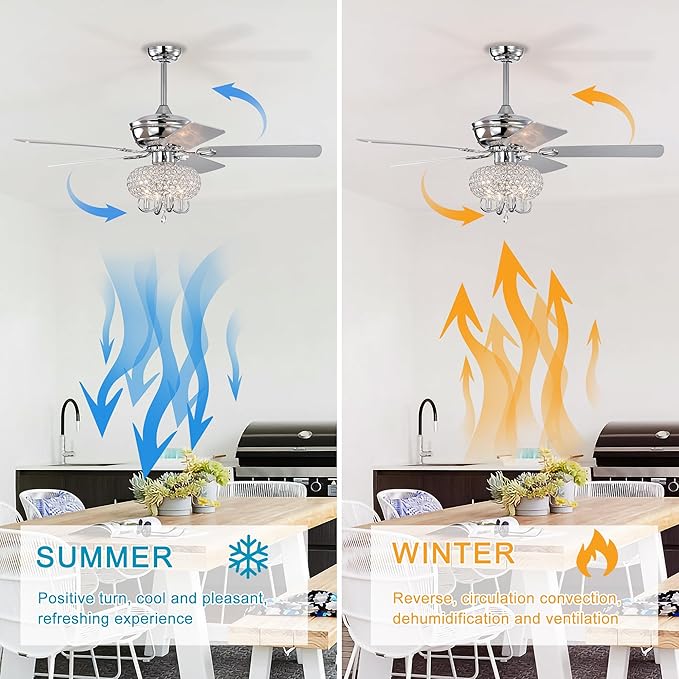 NicBex Ceiling Fan 52 Inch Ceiling Fan with Lights Ceiling Fans with 5 Blades and Remote Control Ceiling Fan with Crystal Lamp Shade for Bedroom, Living Room, Silver