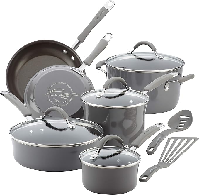 Rachael Ray - 16802 Rachael Ray Cucina Nonstick Cookware Pots and Pans Set, 12 Piece, Sea Salt Gray & Cook + Create Nonstick Stovetop Griddle/Grill Pan, Square, 11 Inch, Gray