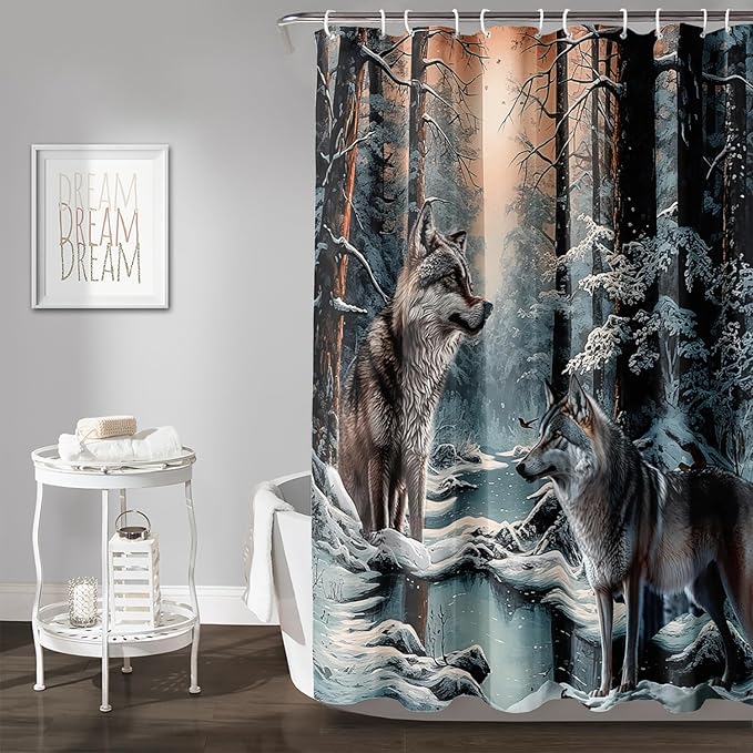 AILONEN Snow Wolf Shower Curtain 72" W*72" H for Boys,Winter Wild Animal Wolf Bathroom Decor,Safari Animal Wolf Printed Bath Curtain Waterproof Bath Curtain with Grommets and 12 Hooks