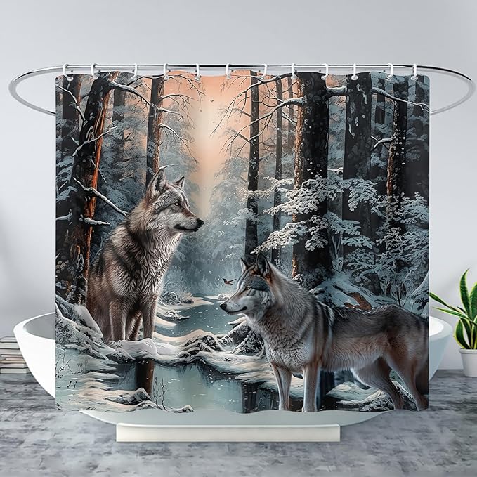 AILONEN Snow Wolf Shower Curtain 72" W*96" H for Boys,Winter Wild Animal Wolf Bathroom Decor,Safari Animal Wolf Printed Bath Curtain Waterproof Bath Curtain with Grommets and 12 Hooks
