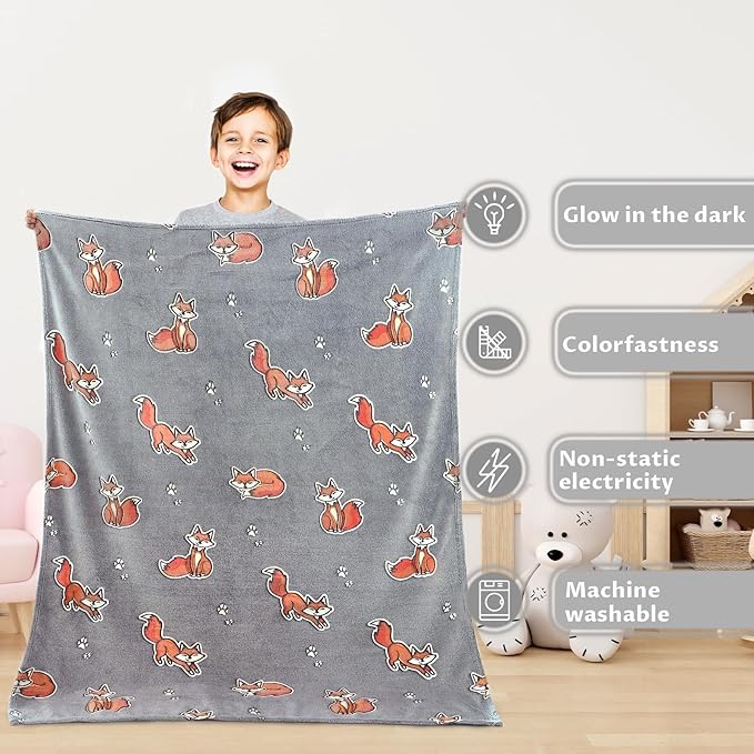 Fox Gifts Toys for Kids Boys Baby- Glow in The Dark Blanket Fox Presents for Birthday Fox Decor Age 12 3 4 5 6 7 8 9 10 Years Old Toddler