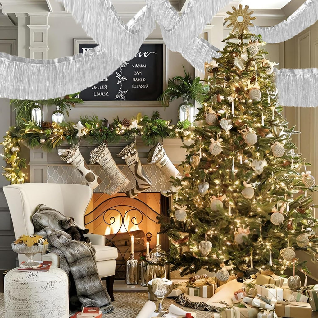 Silver Foil Fringe Garland 10FT 2packs, Metallic Foil Tinsel Fringe Banners for Parade Float Decorations Wedding, Birthday Party Graduation (Two Silver)