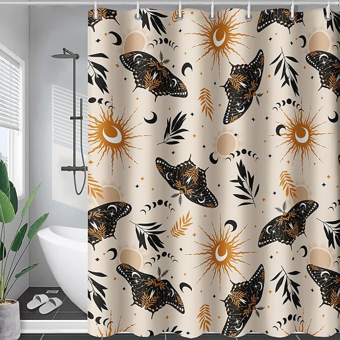 AILONEN Moth Shower Curtain,Sun and Moon Death Moth Bath Curtain for Bathroom Decor,Polyester Waterproof with 12 Plastic Hooks 72" W*96" H