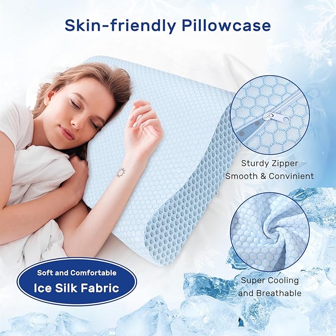 Memory Foam Pillows Neck Pillow Bed Pillow for Sleeping Ergonomic Cervical Pillow Orthopedic Contour Pillow for Stomach Sleeper-Blue White