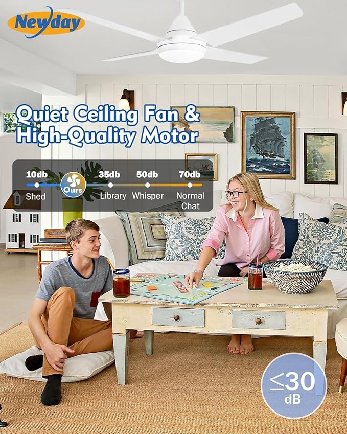 Newday 48-in Ceiling Fan with Lights and Remote, White Ceiling Fan with 4 Reversible Blades, Quit Motor, 3 Speed, Modern Adjustable Color Temperature for Indoor Outdoor