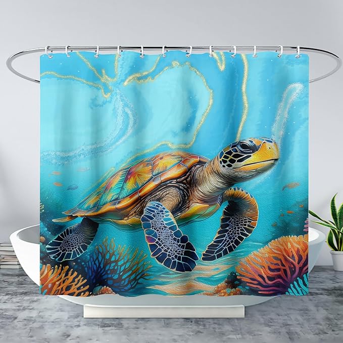 AILONEN Kawaii Sea Turtle Shower Curtain,3D Ocean Animal Themed Bath Curtain Cloth Fabric Bathroom 72" W*72" H Inch,12 Pack Hooks for Kids Child,Colorful Marble Style Bathroom Curtain