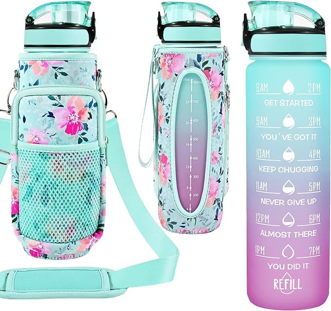 32 oz Water Bottle with Straw and Sleeve, Motivational Water Bottle with Time Marker and Adjustable Shoulder Strap, BPA Free Leakproof Sport Water Jug for Hiking, Gym