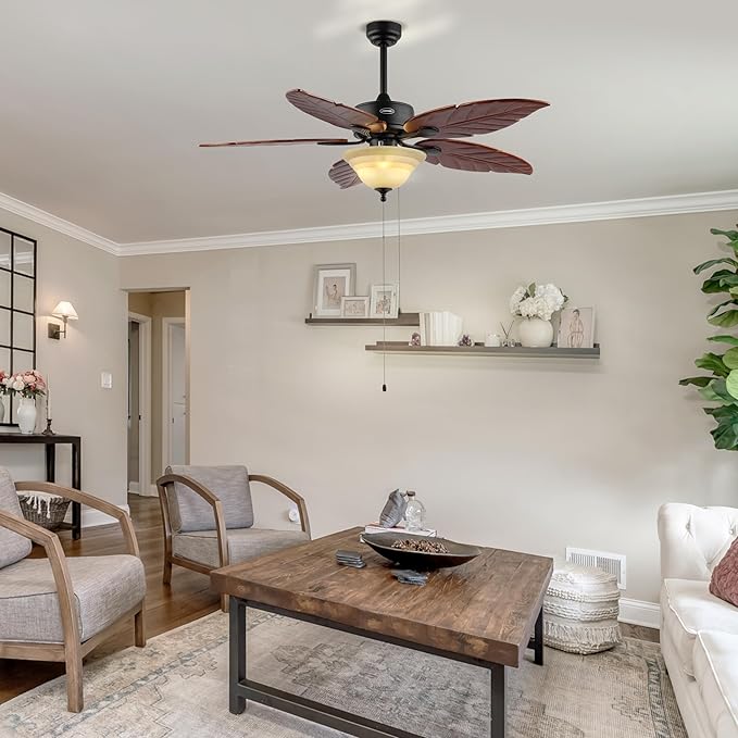 JONATHAN Y JYL9720B Poinciana 52" 3-Light Coastal Bohemian Iron/Wood Palm Leaf LED Ceiling Fan with Pull Chain Rustic, Eclectic, Transitional, Office, Living Room, Dining Room, Bedroom, Dark Brown