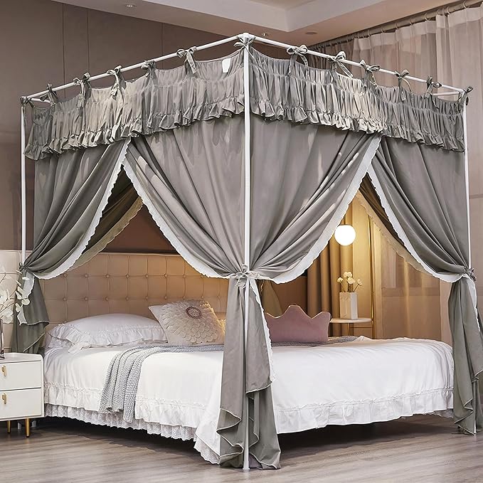Ruffle Lace up 4 Corners Post Princess Curtain Bed Canopy Cozy Breathable Mosquito Net Cloth for Girls Adults Bedroom Decoration (Grey, 64" W*82" L*82" H/Queen)