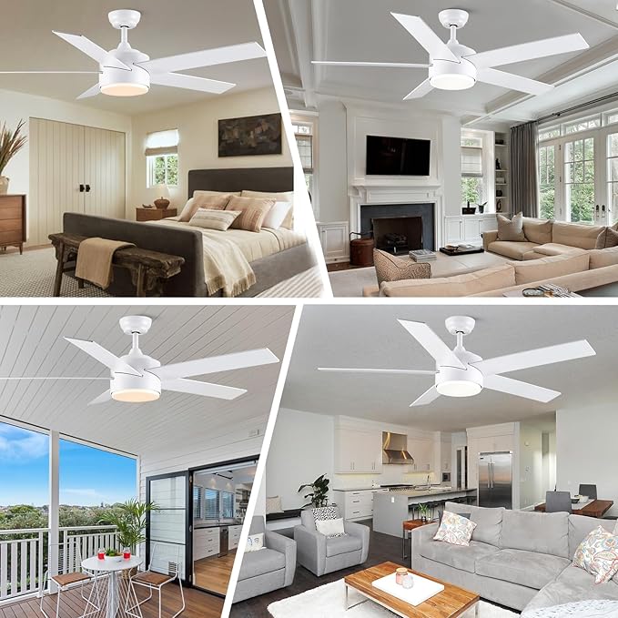 52 inch White Ceiling Fans with Lights and Remote, Wooden 5 Blades LED Modern Ceiling Fan for Bedroom, Living Room, Dining Room, 3 CCT 6-Speed Quiet Reversible