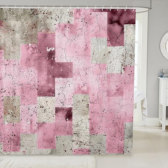 Feelyou Kids Geometric Pink Bath Curtain Geometry Bathroom Shower Curtain Set Checkered Shower Curtain Boys Girls Modern Art Teens Bathroom Accessories Room Decor 72"x84"