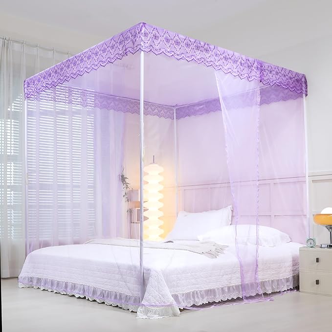 Bed Canopy, Princess Bed Curtain Net for Girls & Adults，Three-Doors Rectangle Lace Dome Netting (Purple, Queen)