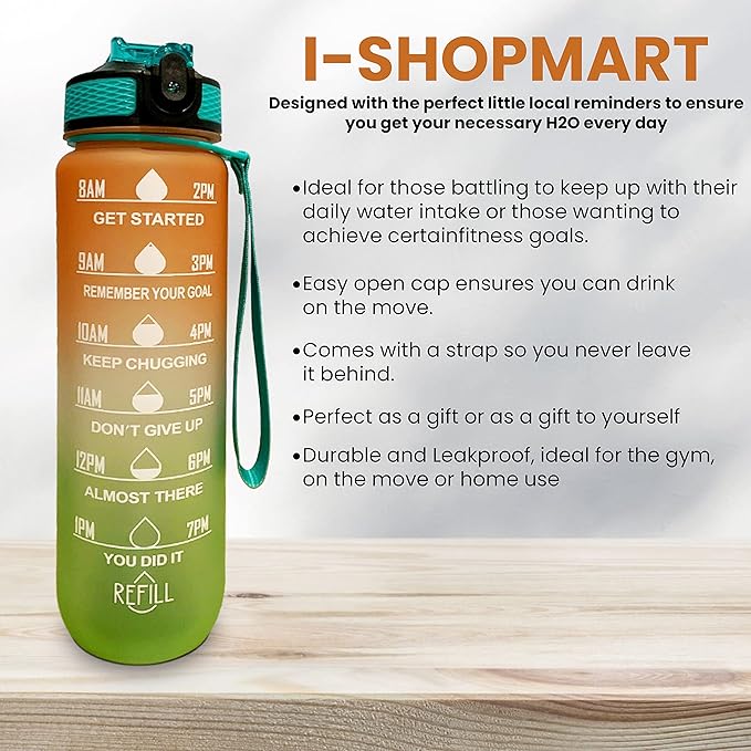 32oz Large Water Bottle with Motivational Time Marker - Sport Style with Deluxe Sip-Gulp Lid, Durable Tritan Plastic, Food Grade, Dishwasher Safe, Carry Strap (Light-Orange-Green)