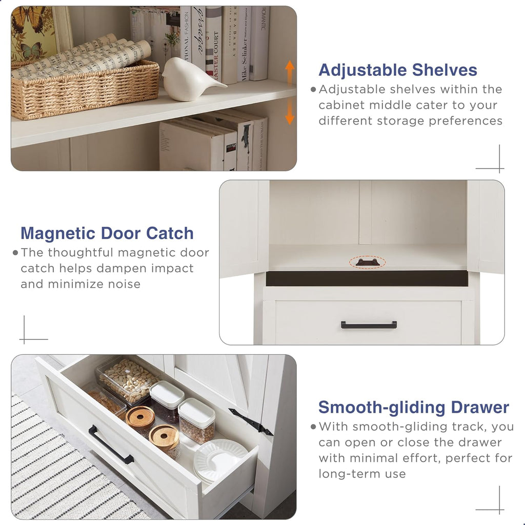 JXQTLINGMU Farmhouse Kitchen Pantry Cabinet - 72" Tall Wood Kitchen Storage Cabinets with Adjustable Shelves & 2 Barn Style Doors & Drawer, Versatile Storage for Dining Room, Bathroom, Antique White