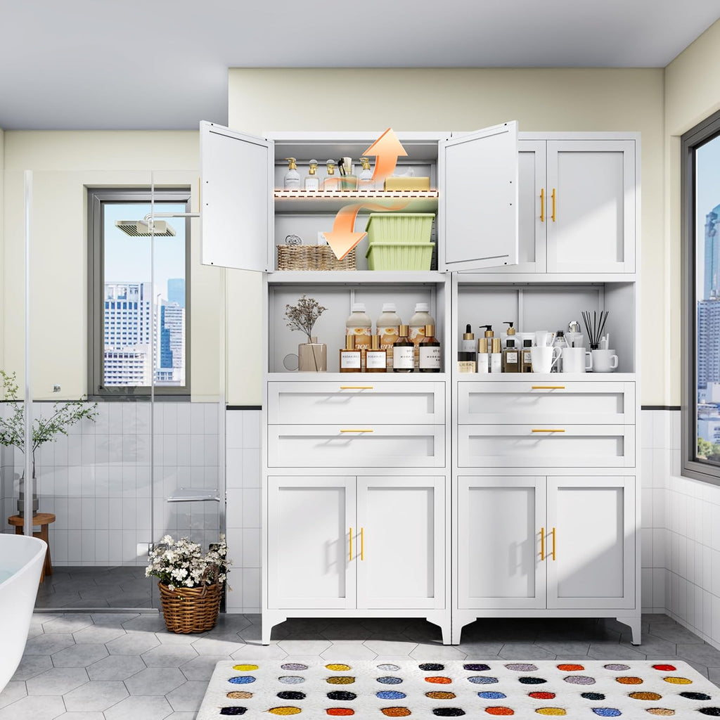 75” Tall Kitchen Pantry Storage Cabinet, Metal Bathroom Storage Cabinet with 2 Drawers and Adjustable Shelves, Kitchen Pantry Cupboard, Freestanding Cupboard for Bathroom, Living Room (White)