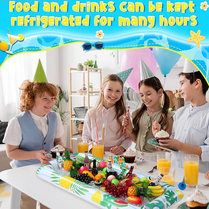 3 Pcs Inflatable Serving Bars Summer Ice Buffet Salad Serving Trays Ice Holder for Party BBQ Picnic Inflatable Drink Cooler with Drain Plug Air Pump Luau Pool Party Supplies (Palm Leaf)