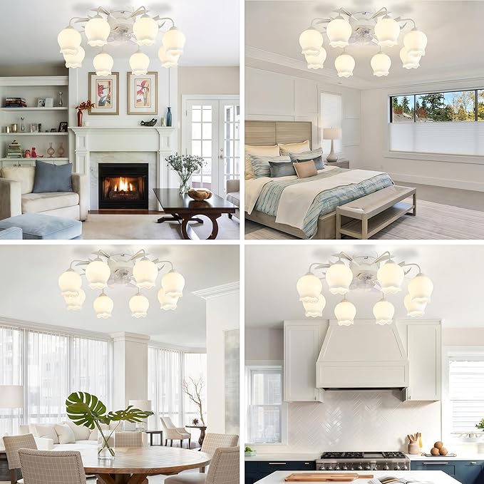 Flower Ceiling Fan with Light: White Flower Fan Lights for Girls Bedroom - Flush Mount Fandelier for Living Room - 8-Light Modern Chandelier with Fan for Home Decor Enthusiasts